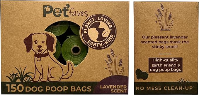 Pet Faves Eco-friendly Dog Poop Bags -100% Leak-Proof, Strong and Extra Long Doggie Poop Bags for Dogs and Cats waste bag, Lavender Scented - 150 Bags (1 pack)