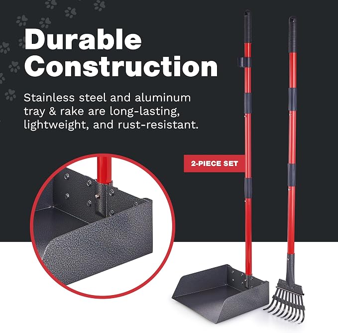 Pawler Pooper Scooper for Large Dogs, Small Dogs and Horses, Metal Poop Scooper Set with Long Handle Rake and Tray for Yard, Grass, Dirt or Gravel, Heavy Duty Aluminum Poop Picker Upper