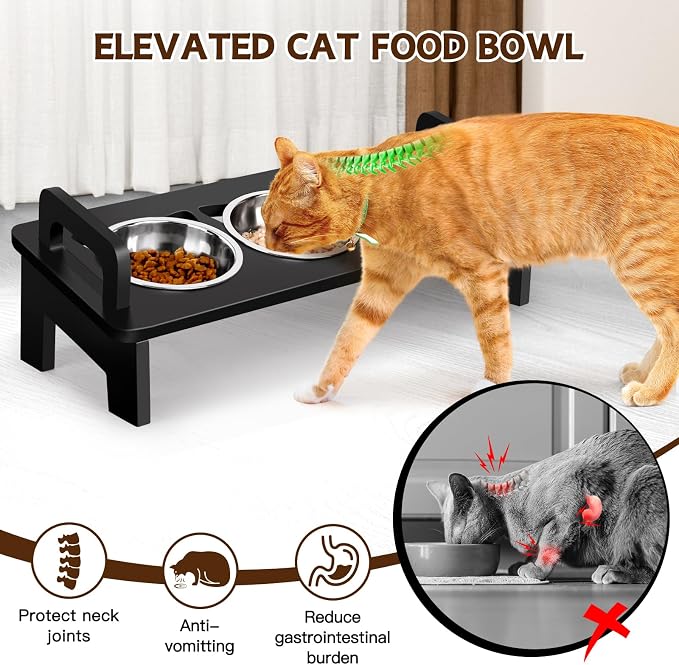 Bamboo Elevated Cat Bowls, 3 Stainless Steel Raised Cat Bowl with Stand, 15°Tilted Cat Feeding Station, Cat Food and Water Bowl Set for Small Cats, Anti Vomitting, Whisker Fatigue (Black)