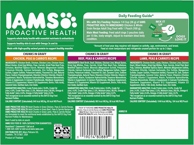 IAMS Proactive Health Adult Wet Dog Food Variety Pack, 3.5 oz. Pouch, (18 Count)