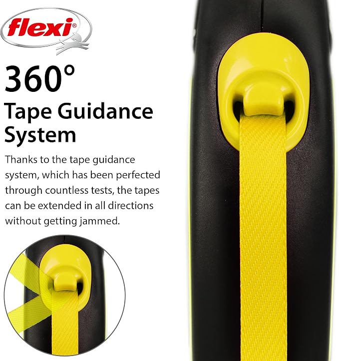 FLEXI® Neon Tape Retractable Dog Leash, Small, 16 ft - Neon Yellow/Black | German engineered, original flexi leash, durable quality for dogs up to 33 lbs, tangle-free, walking, reliable brake system