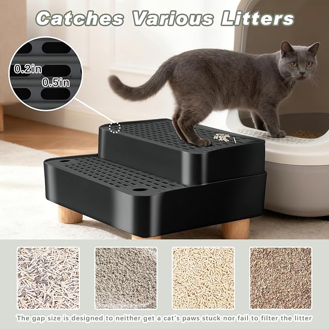 Elevated Cat Ramp for Litter Box, 2 Steps Cat Pedal Step Stool with Wooden Base, Detachable Double Layered Cats Litter Trapper, Suitable for Small&Elderly Cats, Non-Slip(Black)