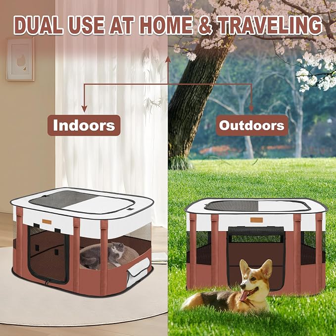 Foldable Cat & Dog Playpen with Carry Bag, Brown X-Large