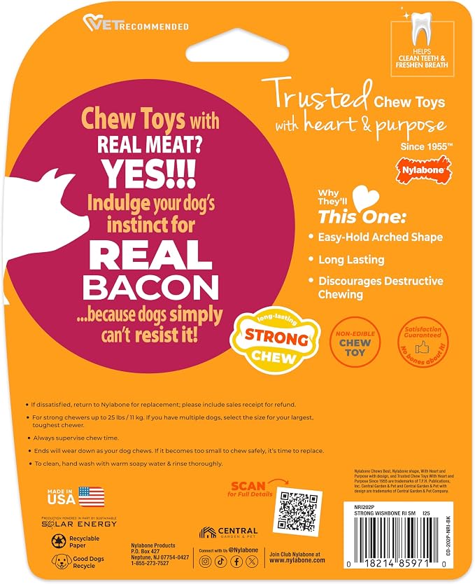 Nylabone Strong Chew Wishbone Dog Toy, Dog Toys for Aggressive Chewers | Durable chew toys for aggressive chewers, chew toy made with real bacon, small breeds up to 25 lbs, long lasting dog bone toy