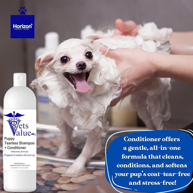 Puppy Tearless Shampoo & Conditioner - Gentle Wash for Puppies with Sensitive Skin – Mild, Tear-Free Formula Suitable for Dogs 4 Weeks and Older – Made in the USA (16 oz)