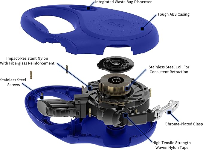 TUG Oval 360° Tangle-Free Retractable Dog Leash with Integrated Waste Bag Dispenser (Large, Blue)