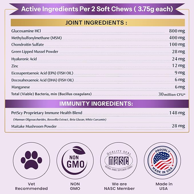 Petscy Longevity Hip & Joint + Immune Support Chews for Dogs - 3.75g Chew - High Dose Glucosamine, MSM, Chondroitin, Green Lipped Mussel, Omega 3, Probiotics - 60 Chews (Small & Medium Dogs)