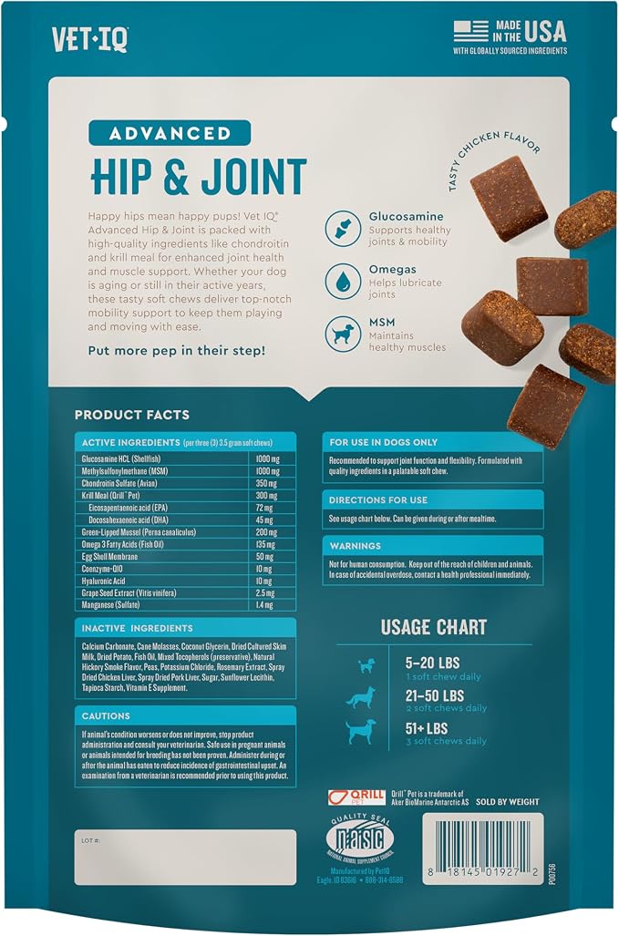 VetIQ Advanced Hip & Joint Chews, 60 Ct Chicken Flavor, Glucosamine for Dogs, Hip and Joint Supplement with Omega 3, Chondroitin, MSM, Green Lipped Mussel, Increases Mobility, Maintains Muscles | Increases mobility & maintains muscle; glucosamine, chon...