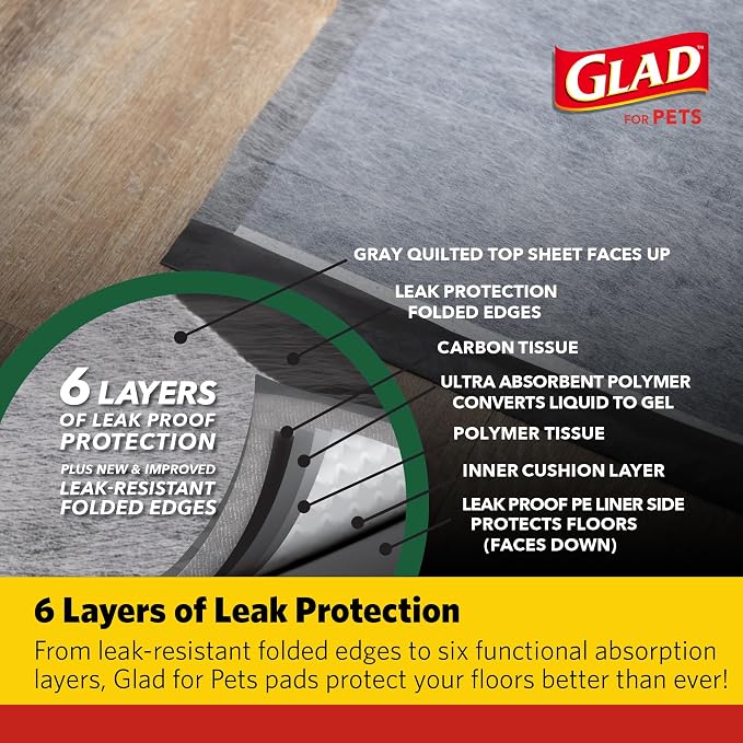 Glad for Pets Extra Large Charcoal Training Pads for Dogs and Puppies, Activated Carbon Odor Control, 6-Layer Absorbent Leak-Proof Pee Pads with Pheromone Attractant, 28 x 30 in, 30 Count - 2 Pack