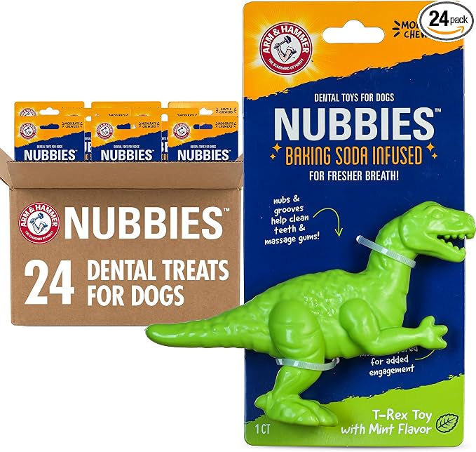Arm & Hammer Nubbies T-Rex Dog Dental Chew Toy, Mint Flavor, 24-Pack | Nylon construction, baking soda infused, reduces plaque and tartar without brushing, moderate chewers