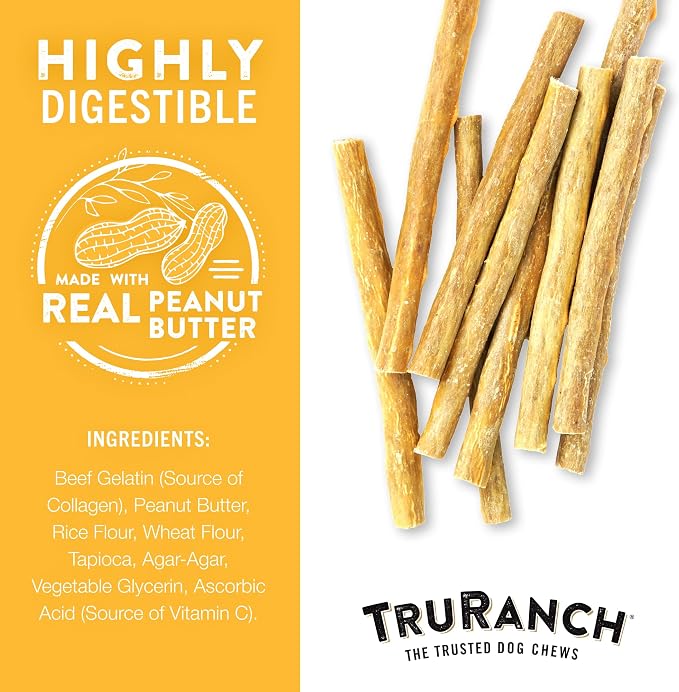 TRURANCH Collagen Sticks - 5" Collagen Sticks for Dogs - Long Lasting Healthy Joint Support - Rawhide Alternative - Skin & Coat Health - Made with Real Peanut Butter, Value Pack, 3 Bags, 45 Count