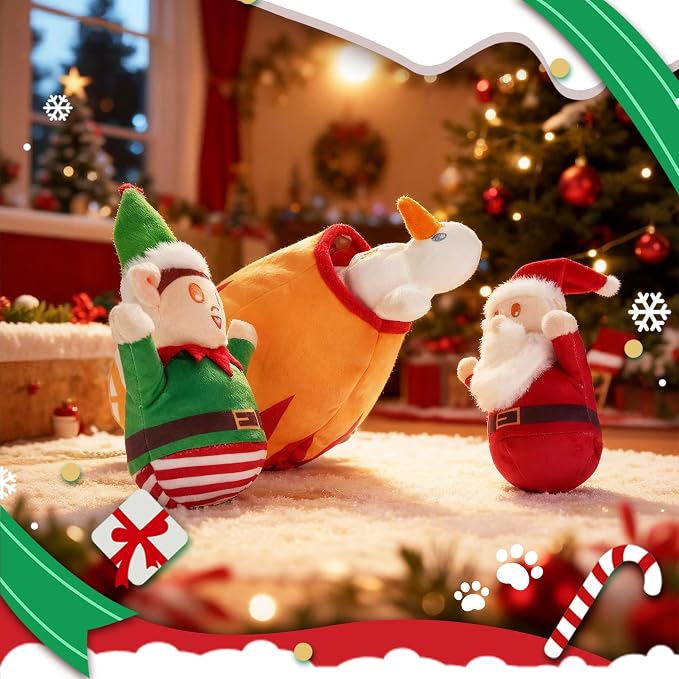 Nocciola Christmas Squeaky Dog Toys 4PCS, Interactive Hide and Seek Dog Toys Christmas Theme- Santa/Snowman/Elf in Cannon Toys Plush, Crinkle Dog Chew Toys for Large Medium Small Dogs