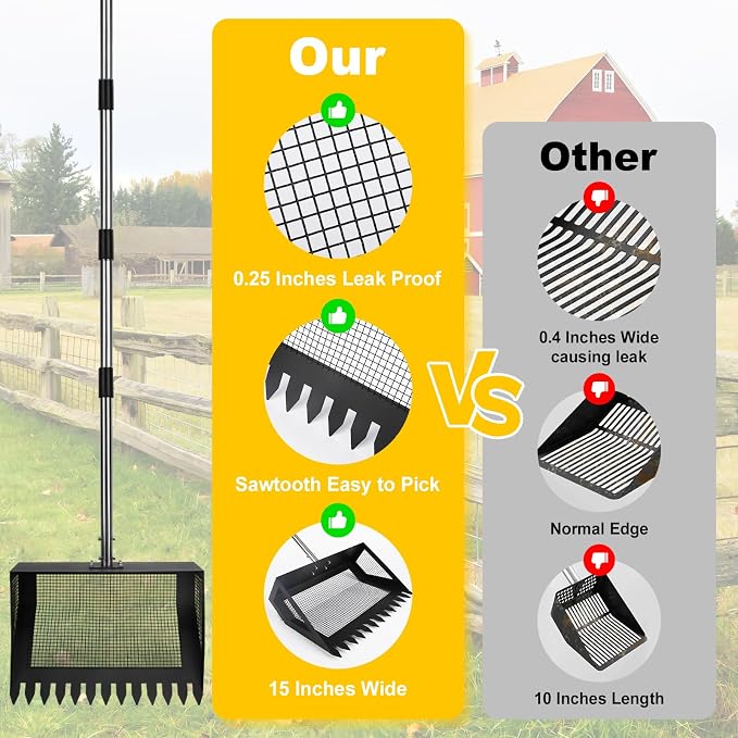 15inch Extra Large Chicken Poop Scooper,Adjustable Chicken Coop Scooper for Poop，Stainless Steel Chicken Poop Scooper Rake with 24 to 68" Handle,Litter Scooper Sifting Shovel Chicken Coop