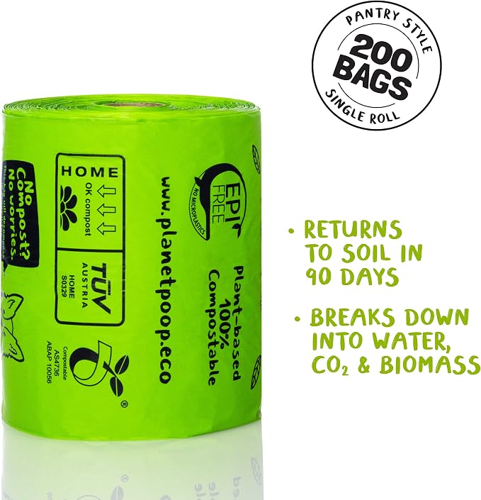 PLANET POOP Home Compostable Dog Poop Bags Extra Long with Handles | Large Single Roll 200 Count Grab & Go | Un-scented Waste Bag | Leakproof Doggy & Cat Bags | Plant-Based Pet Supplies