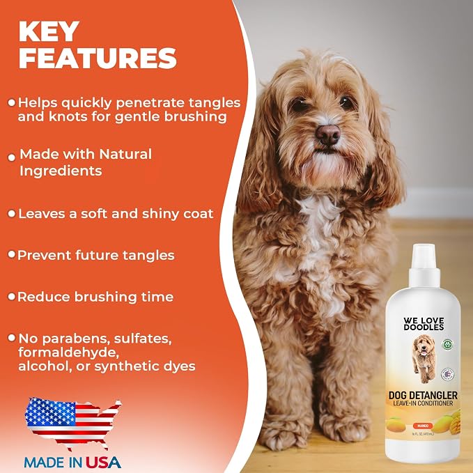 Dog Detangler Spray, Leave-in Conditioner Spray for Dogs, Mango, USA, 16 OZ | Best Detangling & Dematting Spray for Dogs, Tangled & Matted Hair Remover for Goldendoodles, Doodles & Poodles, Made in USA