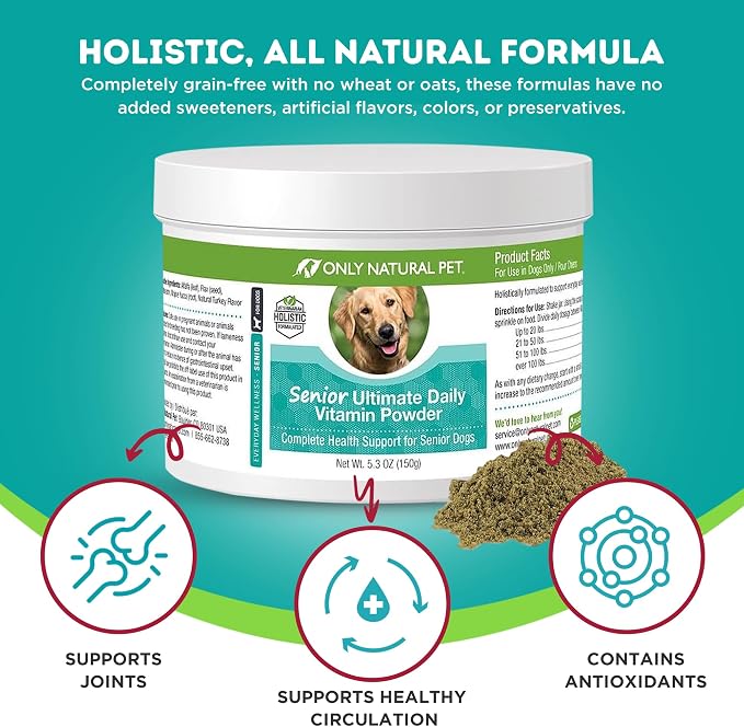 Only Natural Pet Senior Ultimate Daily Canine Vitamin Supplement for Dogs Complete Holistic Health Support - Made in USA, 5.3 oz Turkey Flavored Powder