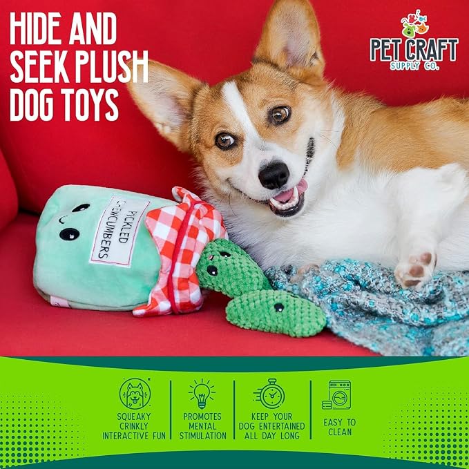 Pet Craft Supply Hide and Seek Plush Dog Toys Crinkle Squeaky Interactive Burrow Activity Puzzle Chew Fetch Treat Hiding Brain Stimulating Cute Funny Toy Bundle Pack -Pickles, for Medium Breeds | Crinkle Squeaky Burrow Toy for Hide and Seek Play, Puzzl...
