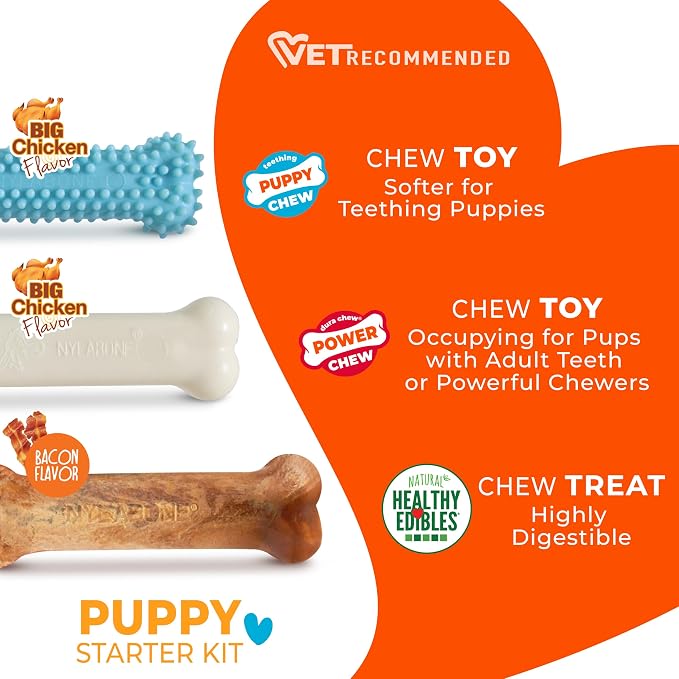 Nylabone New Puppy Starter Kit, Puppy Teething Toys, 3 Pack, Blue | Teething toys for puppies, natural chew treat & toy set for small dogs up to 25 lbs, long lasting chicken & bacon flavor