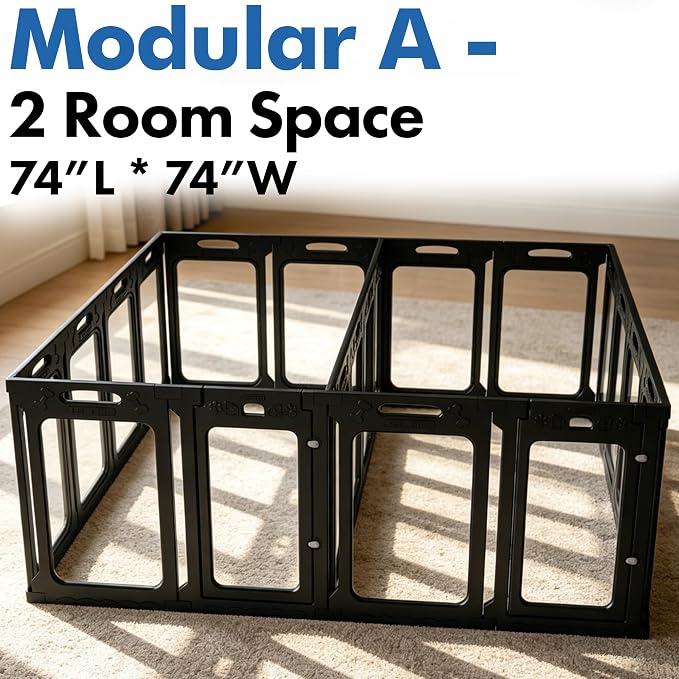 Acrylic Dog Playpen Indoor, Height 30", 20 Panels, Modular 2 Room & Toilet Area, Ideal for Small & Toy Dogs, Black