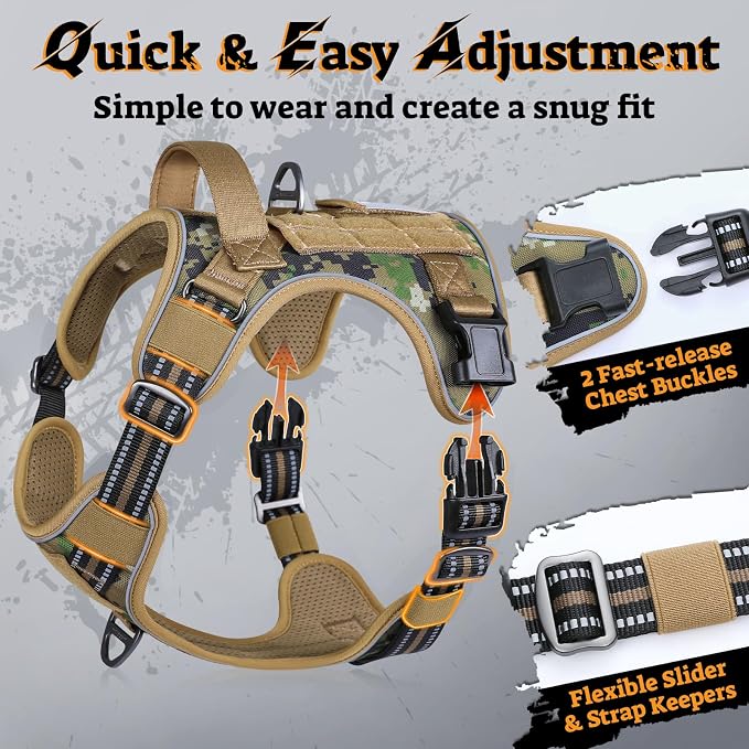 rabbitgoo Tactical Dog Harness for Large Dogs, No Pull Service Pet Vest | Military Molle System & Easy Control Handle, Adjustable and Reflective for Walking and Training, Brown Camo, Large
