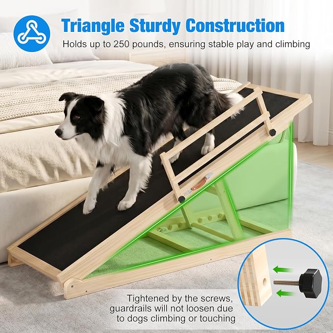 Tresbro Dog Ramp for Bed, 47'' Long 20.3''-27'' Adjustable Height Pet Ramp | 6 Adjustable Height, Anti-Slip & Easy Clean Surface, Capacity Up to 200LBS, Easy to Store & Portable, Guardrails for Safety