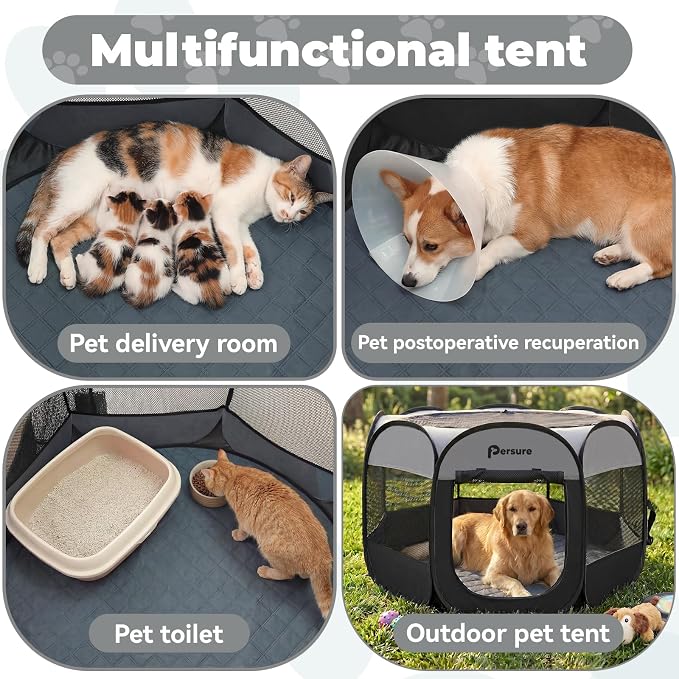 Dog Cat Playpen Indoor Outdoor for Puppy Pet Dogs Cat Recovery After Surgery, Dog Tent Crates Cage Indoor/Outdoor, Portable Pop Up Kennel with Carrying Case for Travel (Dark Grey with Pad, Large)