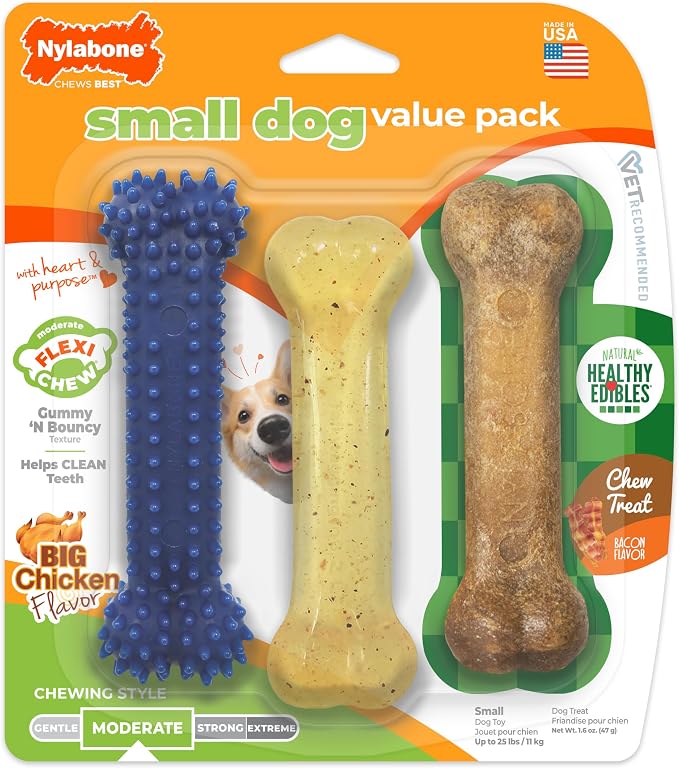 Nylabone Flexi Chew Small Dog Value Pack Dog Toys with Chew Treat, 3 Count | Chicken flavor dog toys, bacon chew treat, for small dogs up to 25 lbs, flexible material, gentle on teeth, great for seniors