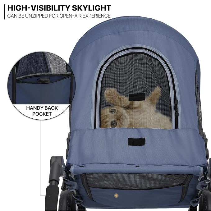 MoNiBloom Pet Stroller for Large Dogs or Dogs Cats up to 55 lbs, Navy Blue | with Adjustable Handle, 3-Wheels Dual Entry Portable Dog Carting Easy Folding Pet Wagon Double Multiple Dog Stroller