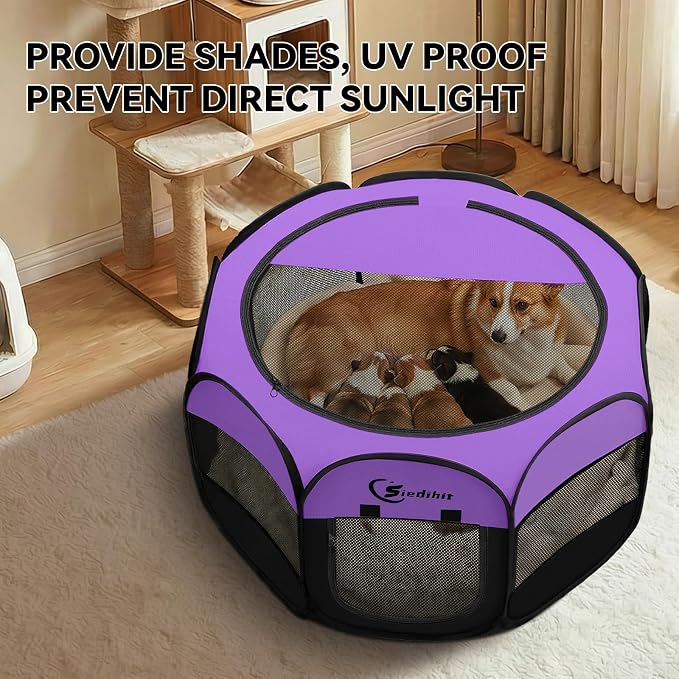 Siedihit Dog Playpen, Puppy Pet Playpen, Dog Crate Tent Cage Indoor/Outdoor, Portable Pop Up Dogs Kennel Playpen with Carrying Case for Dogs/Cats/Rabbits, Purple, Medium