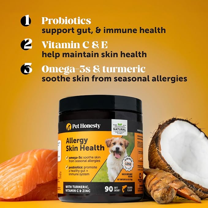 Dog Allergy Relief Chews for Itchy Skin + Immune Support - Omega 3 Fish Oil, Probiotics, Turmeric + Zinc - Anti Itch Supplement for Paw Licking, Seasonal Allergies + Dry Skin (Salmon, 90 Ct)