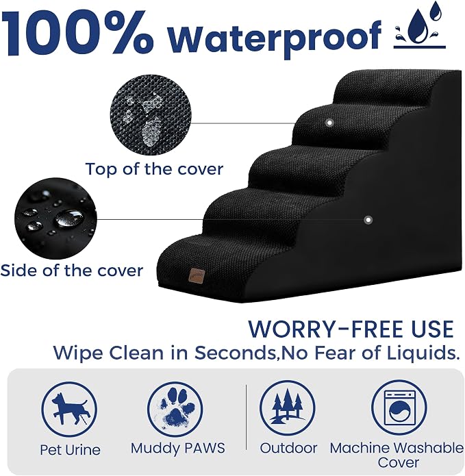 GoGoBunny Ramp Dog Stairs for High Beds 24.4" H, 5-Step Extra Wide Dog Slope Stairs with Durable Waterproof Fabric Cover, Pet Steps for Old Large Dogs Climbing, Non-Slip Sturdy Indoor Step, Black