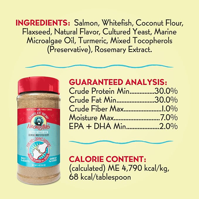 Charlee Bear Necessities Freeze Dried Dog Food Topper, Hip and Joint Support, Grain Free, High Protein, Limited Ingredient Meal Toppers for Dogs, Salmon and Whitefish Recipe, 5 Ounce