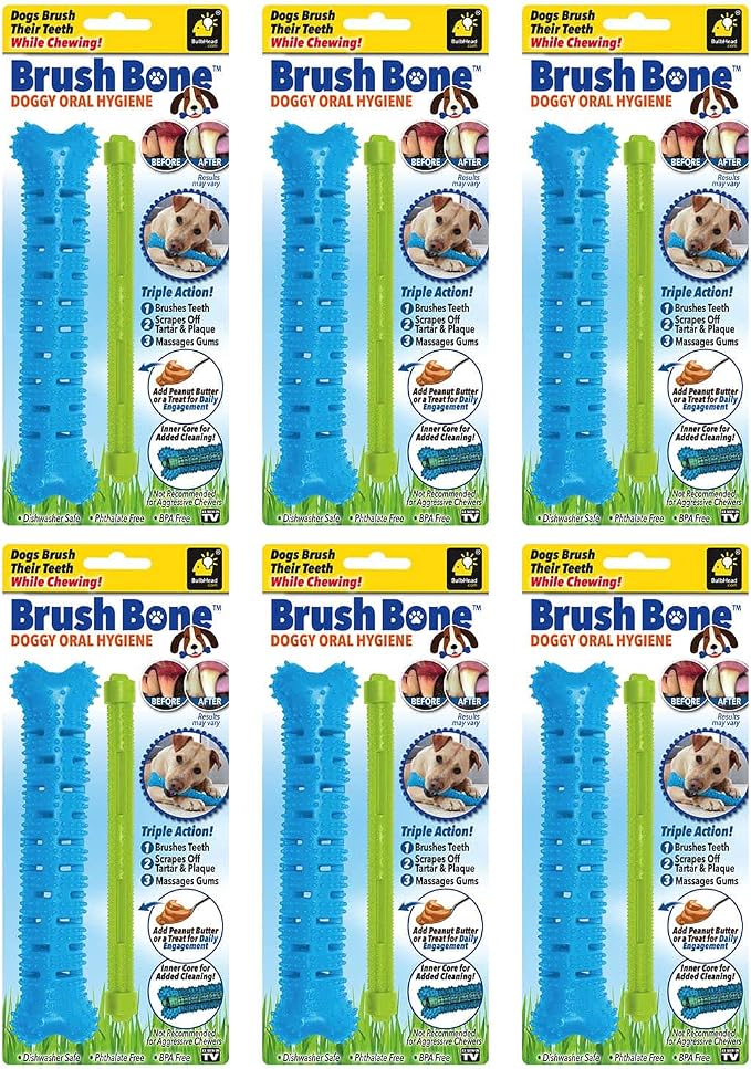 BulbHead BrushBone As Seen On TV Doggy Toothbrush Chew Toy, Plaque & Tartar Remover, Works 3 Ways to Clean While They Play, Invented by a Dentist, Add Peanut Butter or Cheese 6 Pack, Brush Bone