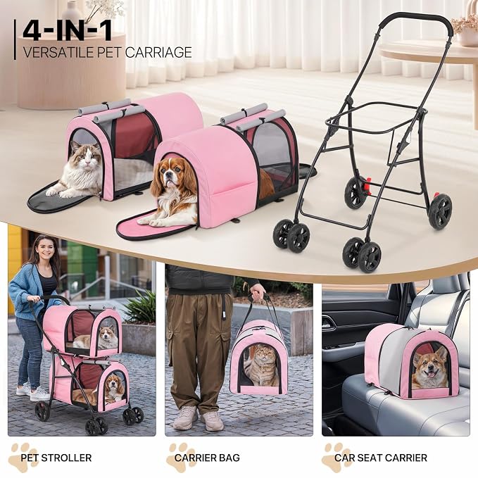 MoNiBloom 4-Wheel Double Dog Stroller - Pink/Gray, Detachable Carriers