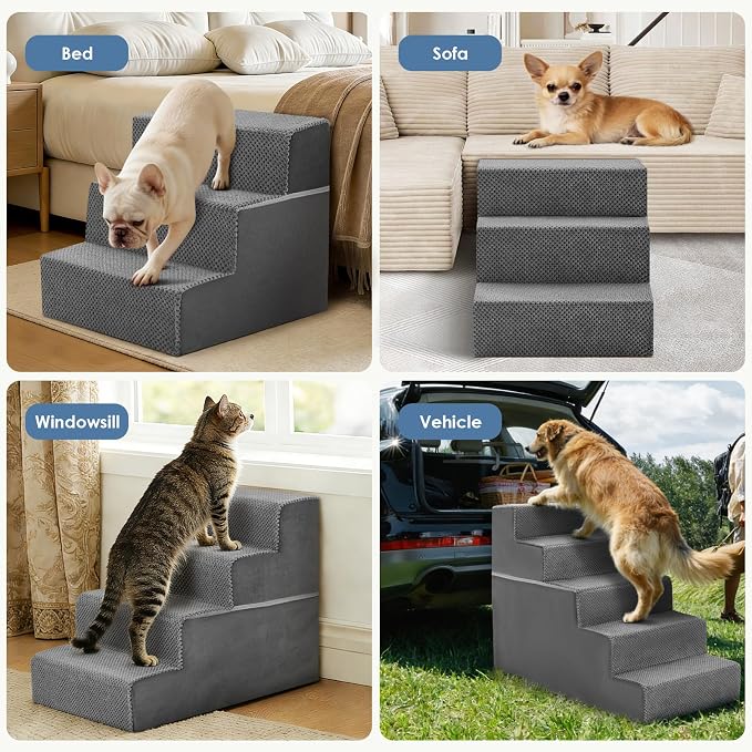 DUMOS Dog Stairs for Small and Medium Dogs, 5-Step Pet Steps with High-Density Foam, Indoor Non-Slip Pet Ramp for Puppy and Older Dogs Cats, Dog Bed Stairs for Couch and Sofa, Grey