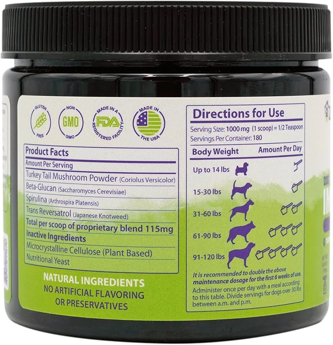 Dog Immune Support Premium Powder Topper, Turkey Tail, Spirulina & Beta-Glucan, Supports a Healthy Immune System & Digestion, Human-Grade, Made in USA