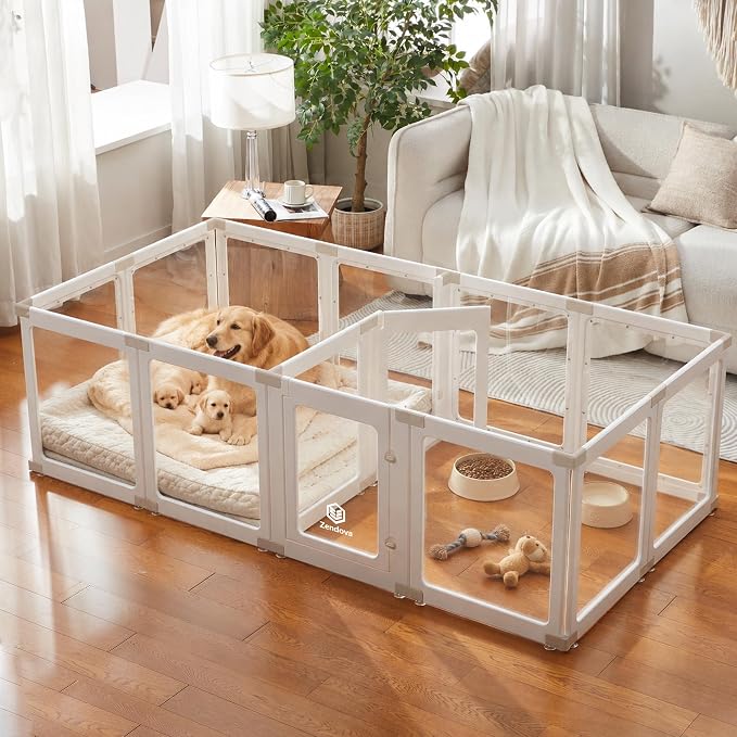 Acrylic Dog Playpen Indoor for Small Dogs & Puppies, 2 Rooms Clear Pet Playpen with Modern No-Bar Design, 23.6" Easy Assemble Puppy Play Pen, Escape-Proof & Sturdy (14 Panels, White)