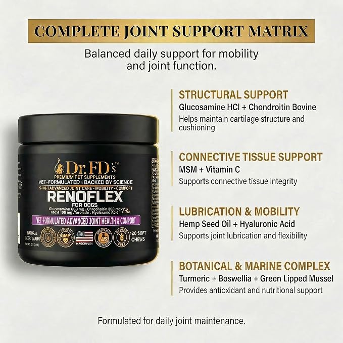 Dr. FD's RenoFlex Dog Joint Supplement, Vet-Formulated Soft Chews, 120 Count, Hip and Joint Support with Glucosamine, Chondroitin, MSM and Turmeric, Joint Comfort and Mobility, Natural Beef Flavor
