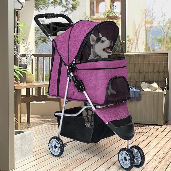BestPet 3-Wheel Pet Stroller - Purple, Cup Holder