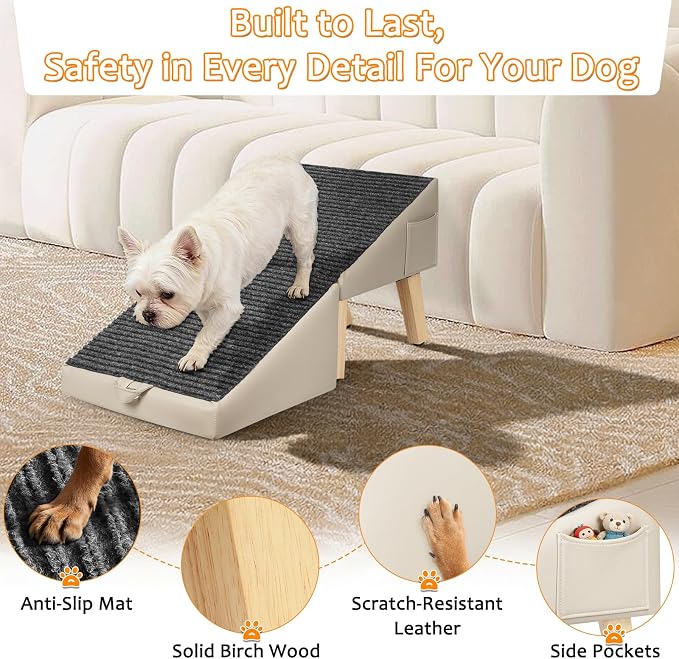2-in-1 Foldable Dog Ramp for Couch and Bed, 14.4" H Dog Ramps for Small Dogs and Cats, Wooden Pet Stairs with Non-Slip Mat & Side Pockets, Split Ottoman Pet Ramp Steps for Medium Dogs, Puppy
