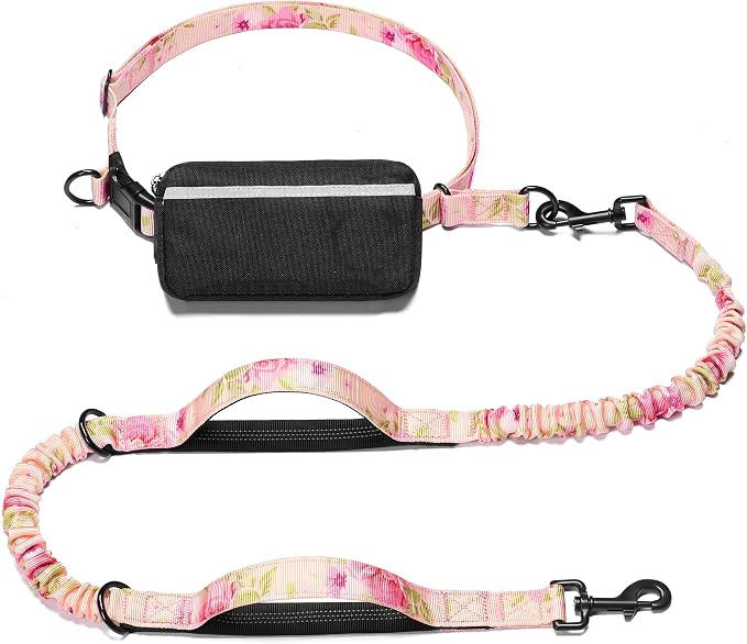 iYoShop Hands Free Dog Leash with Zipper Pouch, Pink Sakura, Large | Waist Leash, Dual Padded Handles, Shock-Absorbing Bungee, Adjustable Waist Belt, Walking and Running