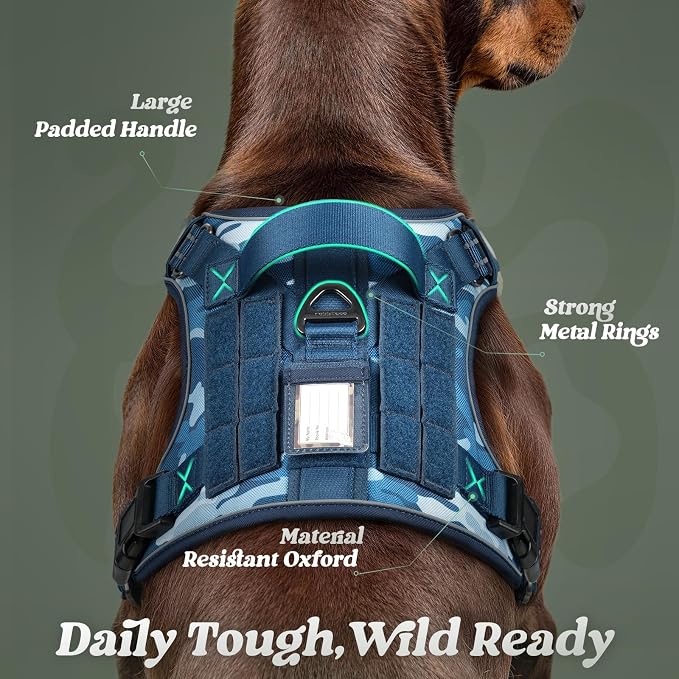 rabbitgoo Tactical Dog Harness for Large Dogs, No Pull Service Pet Vest | Military Molle System & Easy Control Handle, Adjustable and Reflective for Walking and Training, Blue Camo, Large