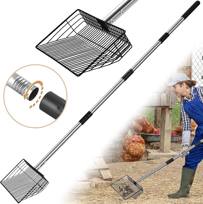 10inch Large Metal Chicken Poop Scooper, 24 to 68" Long Chicken Coop Litter Scoop with Stainless Steel Handle, 4 in 1 Multifunctional Heavy Duty Litter Sifting Shovel Chicken Coop Accessories