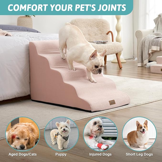 COZY KISS Extra Wide Dog Stair for Small Dog, 5 Step Pet Ramp for Bed | Curved Stable Dog Step for Puppy, Older Cat, Senior, Medium, Short-Legged Dog, Non-Slip Ladder for High Bed, 22.4" H, Pink