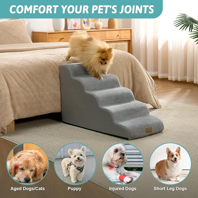 COZY KISS Dog Stairs for Small Dogs, 5 Step Pet Stairs for Beds & Couches | 19.7" H Curved Non-Slip Foam Dog Steps with Washable Cover for Puppies, Older Cats & Small Dogs, 15.7x33x19.7 in, Gray