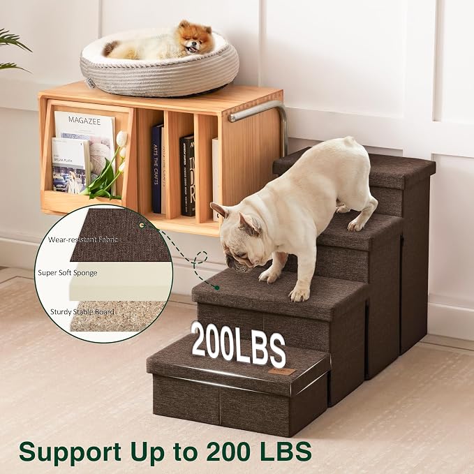 Love's cabin Dog Stairs for Small Medium or Large Dogs with Storage and Adjustable Steps, Foldable Dog Steps for Bed or Couch, 4-Step Coffee Folding Cat Pet Ramp with Zip up to 200 lbs, Coffee