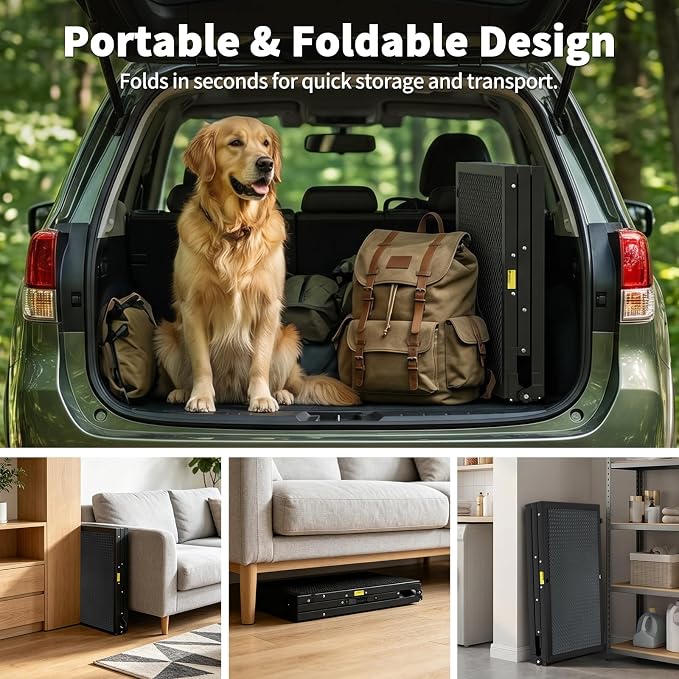 Dog Ramp for Bed, 5-Level Adjustable Pet Ramp with Side Safety Rails, 13.4"–18.3" Height Adjustable Foldable Ramp for Small to Large Dogs