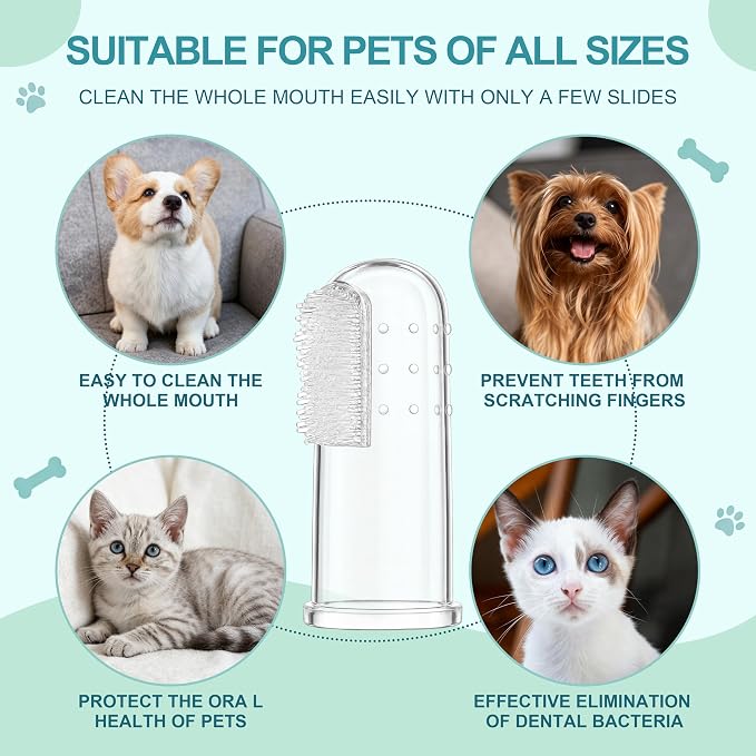 200 Pcs Dog Tooth Brushing Kit, Finger Toothbrush for Dogs Cats Puppy with Silicone Bristles and 16 Round Particles, Thickened Silicone-Layer Transparent Pet Dental Care
