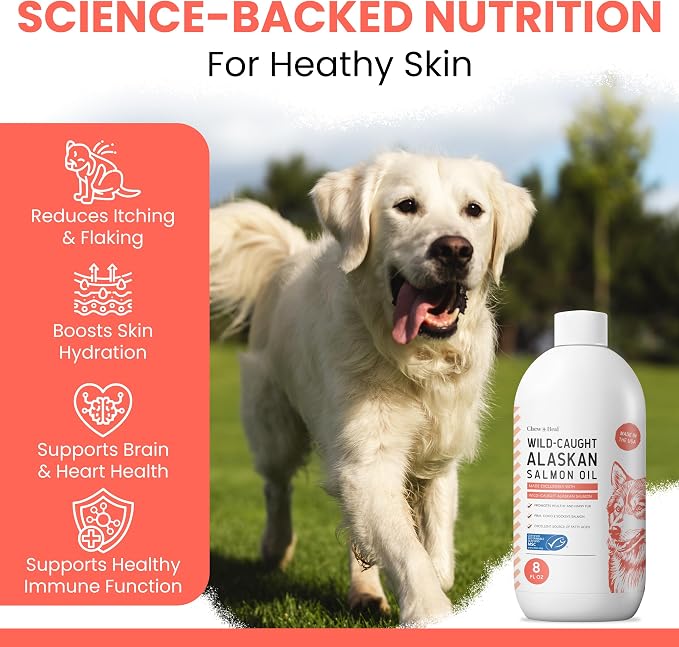 Alaskan Salmon Oil for Dogs and Cats 8oz - Fish Oil Omega 3 EPA & DHA for Skin and Coat, Shedding, Itchy Skin and Allergies, Joint Support - Liquid with Pump, MSC Certified, Made in USA - Chew + Heal
