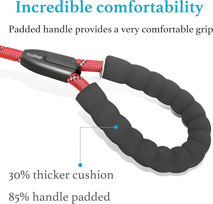 iYoShop Double Dog Leash, 360° Swivel, No Tangle, Large, 25-150 lbs, Red | Dual Leash for Two Dogs, Split Leash, Shock-Absorbing Bungee, Padded Handle, Heavy-Duty Rope